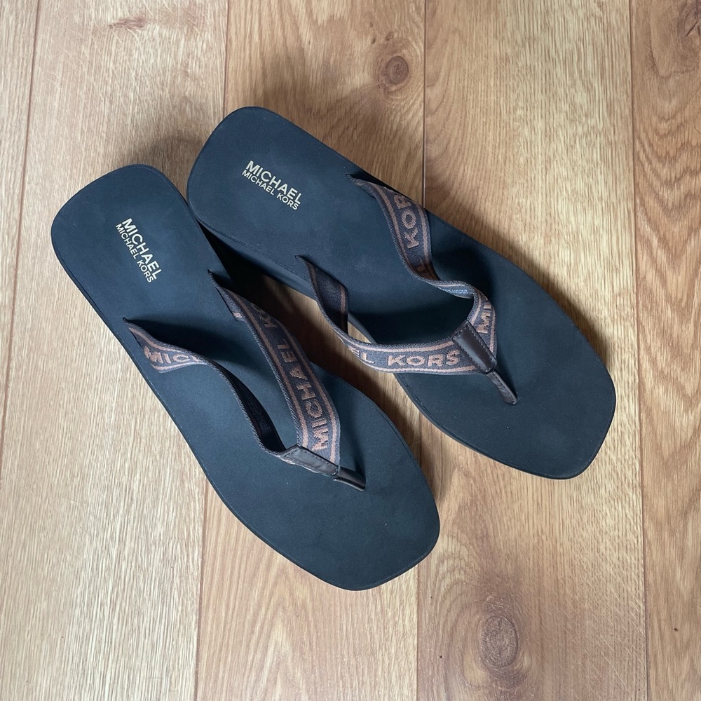 Michael Kors Black and Brown Wedge Flip Flops